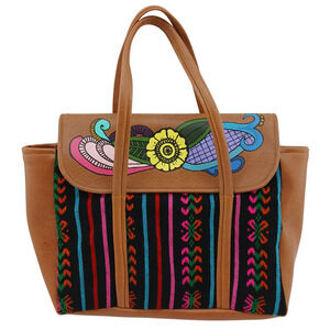 Handmade Mexican Leather Tote Bag Floral Painted Top Huipil Woven Textile